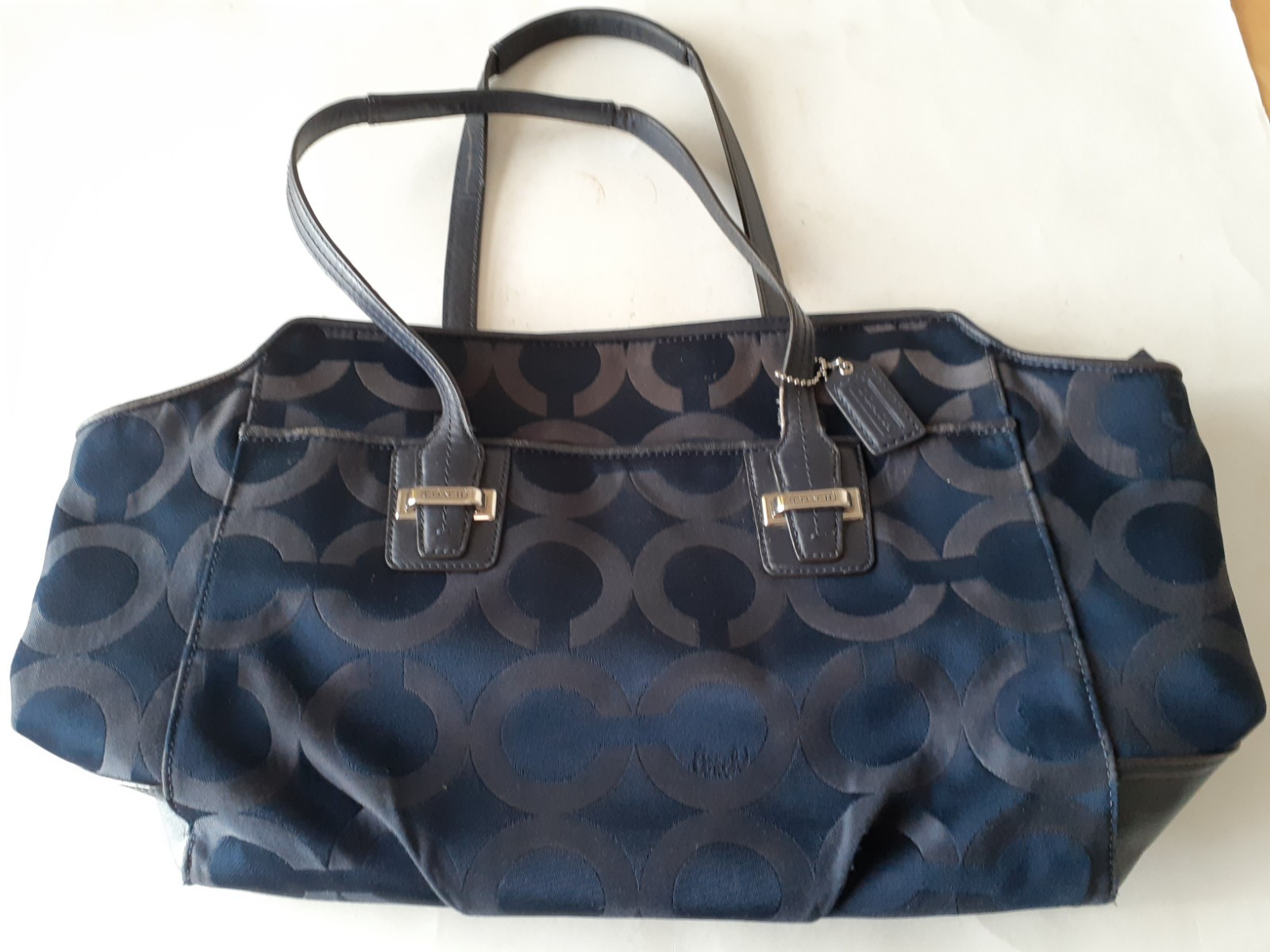 Coach Taylor Alexis Signature Blue Navy Leather Satin Trim Zip Tote Bag F25501