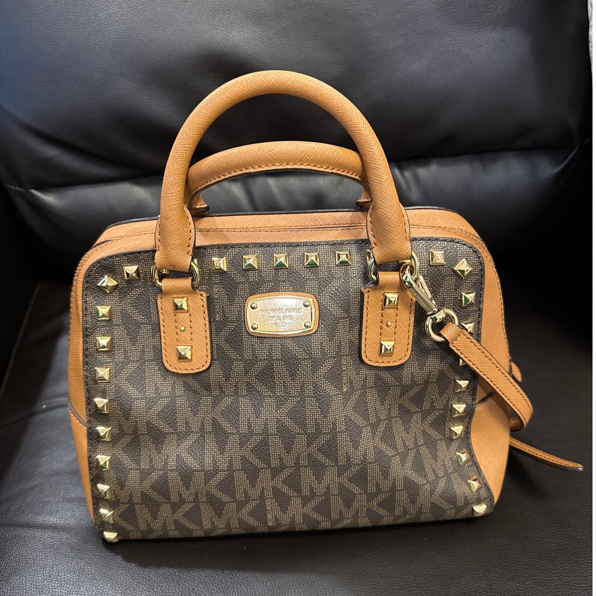 Michael Kors Sandrine Studded Small Satchel Crossbody Bag Brown MK Signature