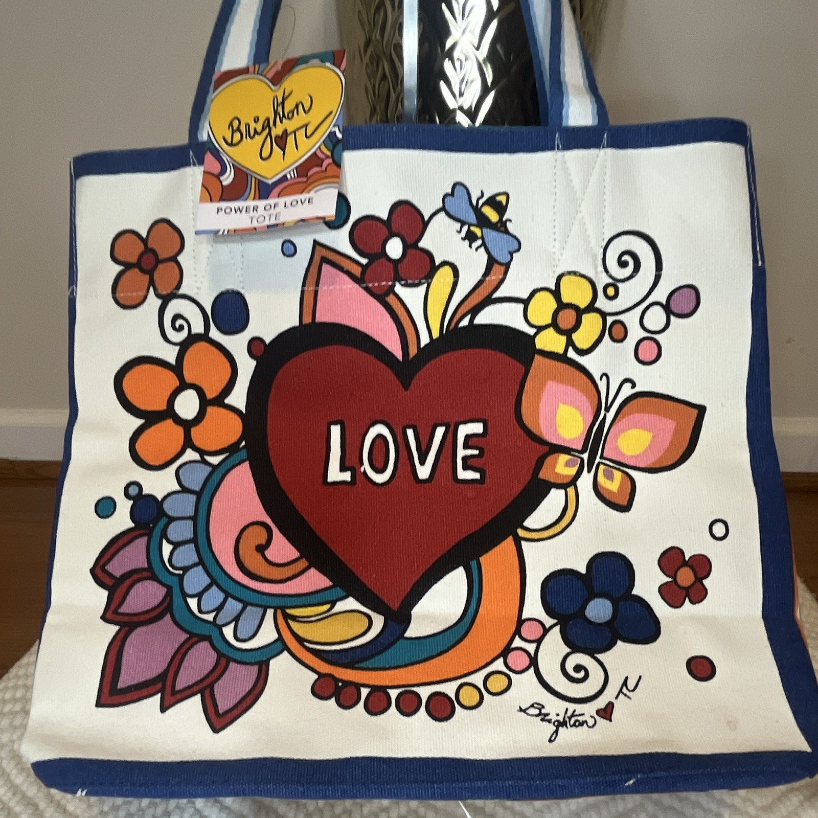 Brighton Power of Love Women’s Large Tote Blue/White LOVE Graphic Open Top