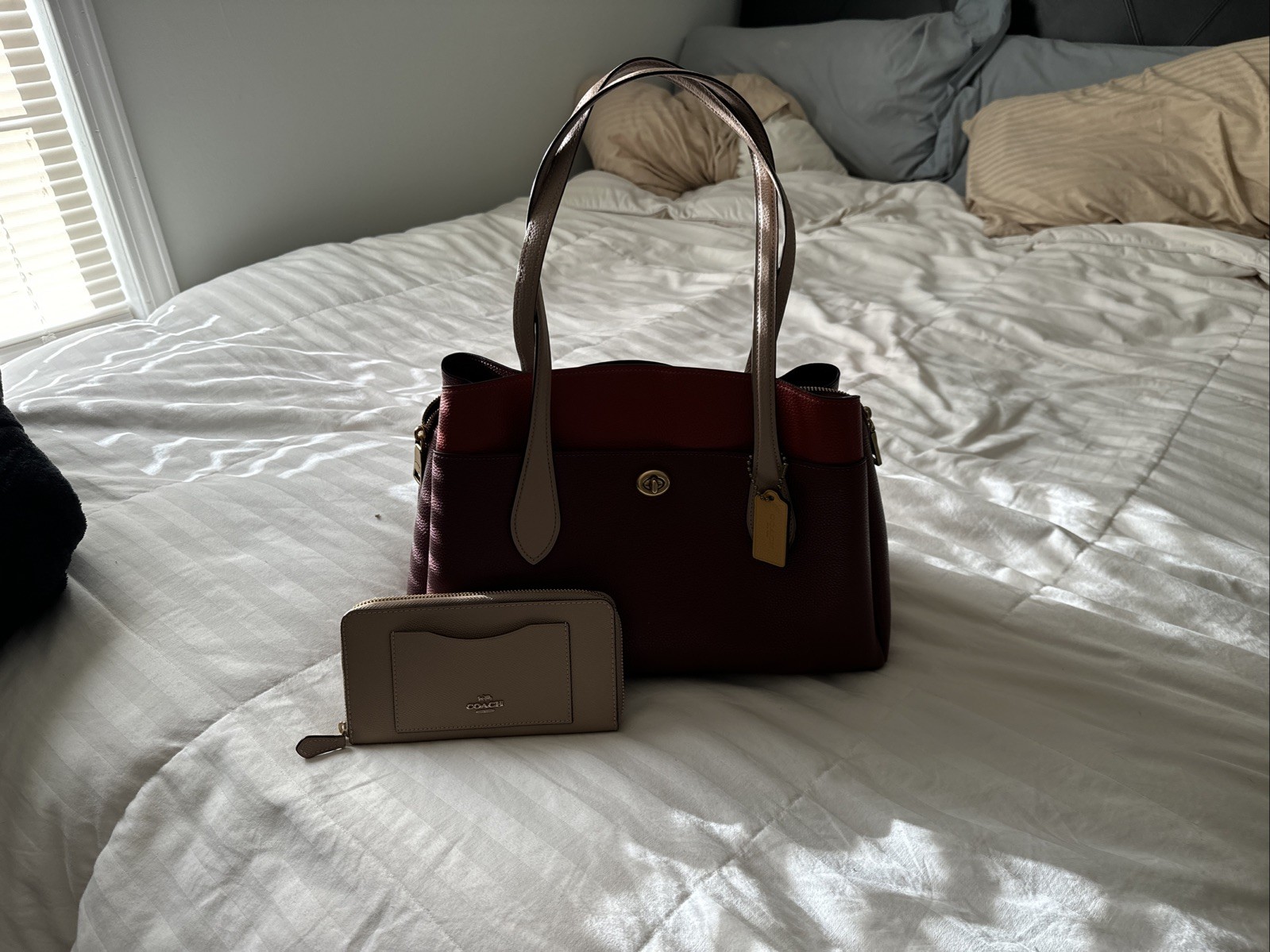 COACH Tri-color Satchel Handbag Cream, Burgundy, RustWith Full Size Cream Wallet