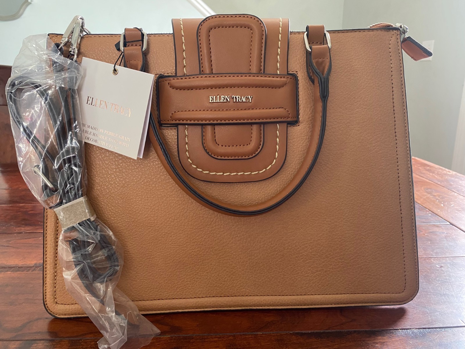 Ellen Tracy “Madison” Pebble Grain Double Handle Tote with Decorative Flap Taupe