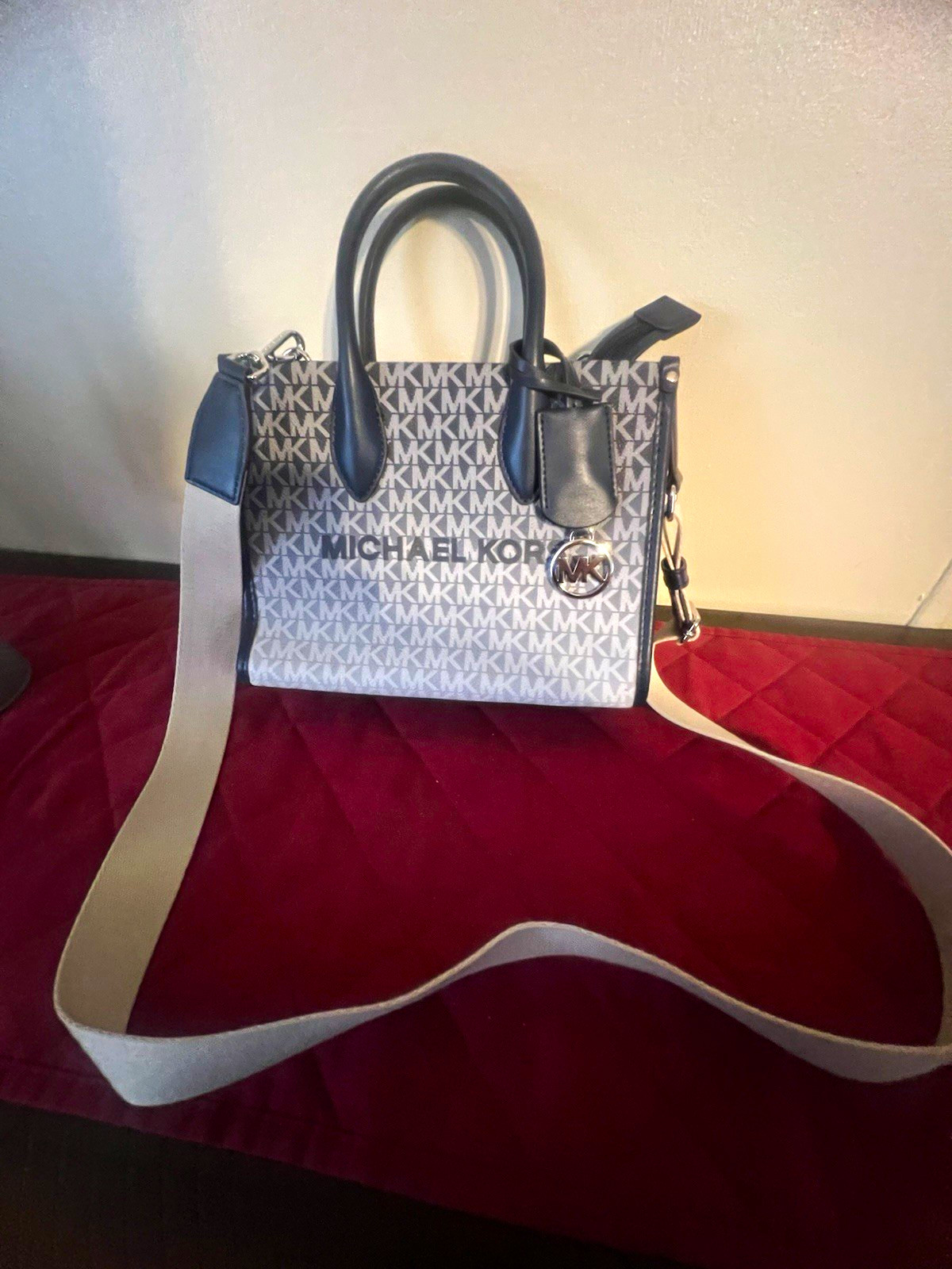 Michael Kors Signature MK Monogram Zip Small Satchel/Top Handle Blue/Gray Strap
