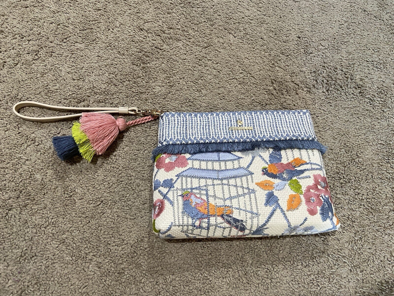 Spartina 449 Boho Maci Wristlet Songbird Embroidered Floral Cage Tassel Fringe