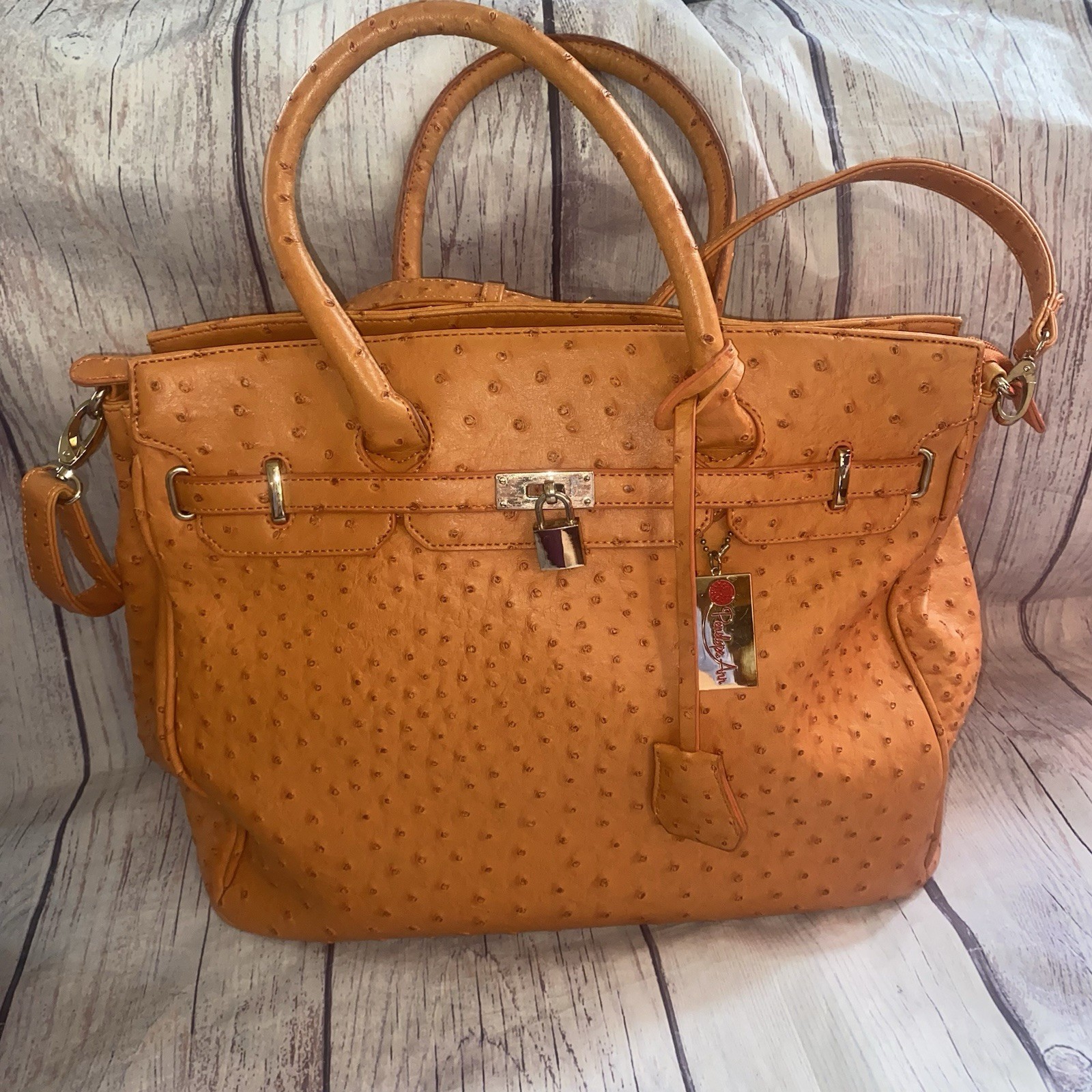Penelope Ann Orange Faux Ostrich Embossed Satchel Tote Shoulder Bag 14x12x6