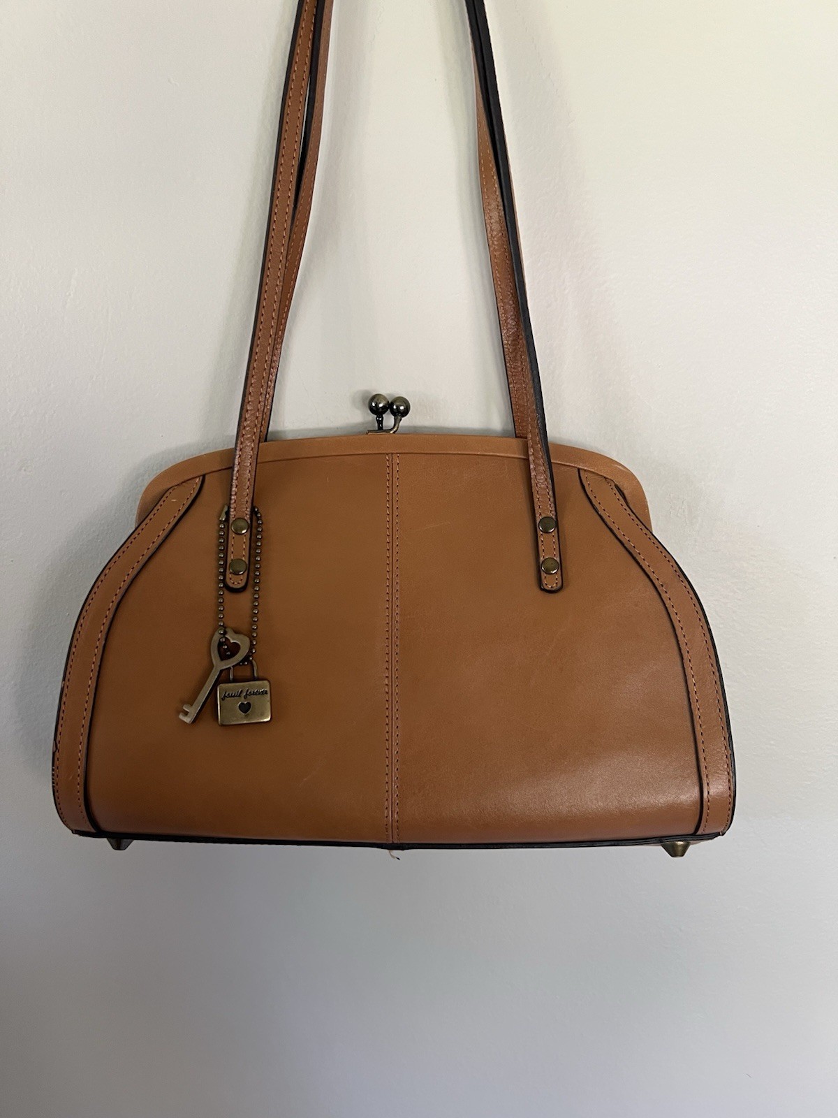 Vintage Y2K Fossil Handbag Brown Leather Bag Purse With Lock And Key Charm