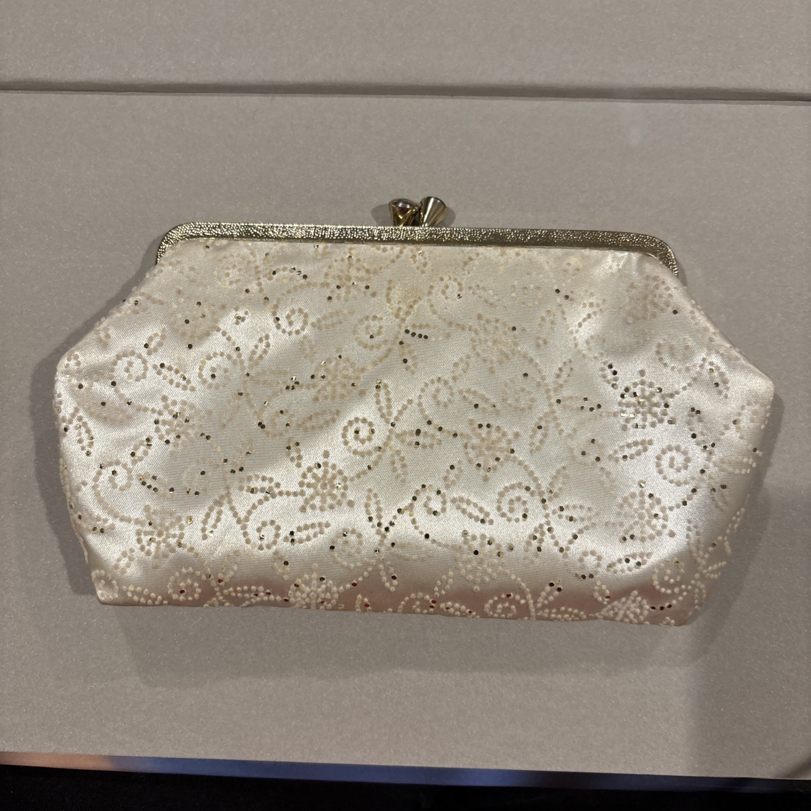 1960s Vintage Avon By Kadin White and Gold Rayon Clutch. In Box /Packaging Gift
