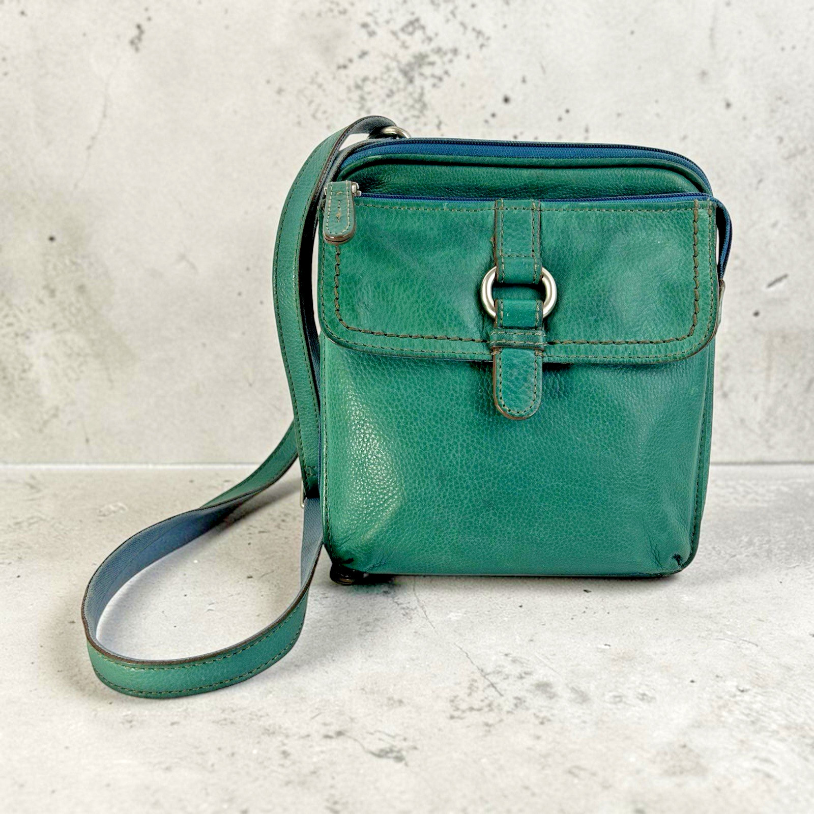 FOSSIL Crossbody Organizer Bag Purse Teal Green Zip Around Multi Compartment Y2K
