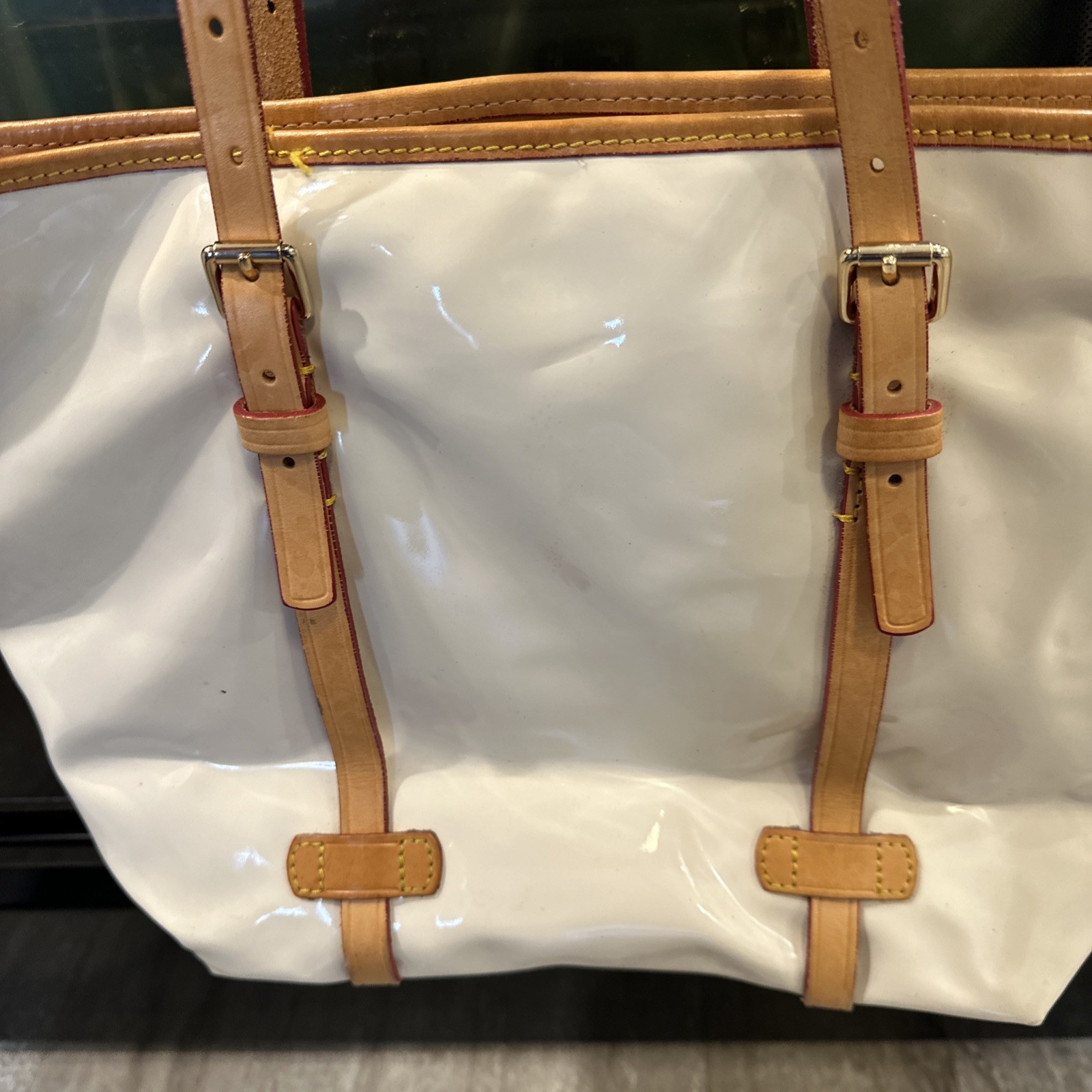 DOONEY & BOURKE Cream Patent Leather Tote Bag/Purse Tan Leather Trim 11″ Tall
