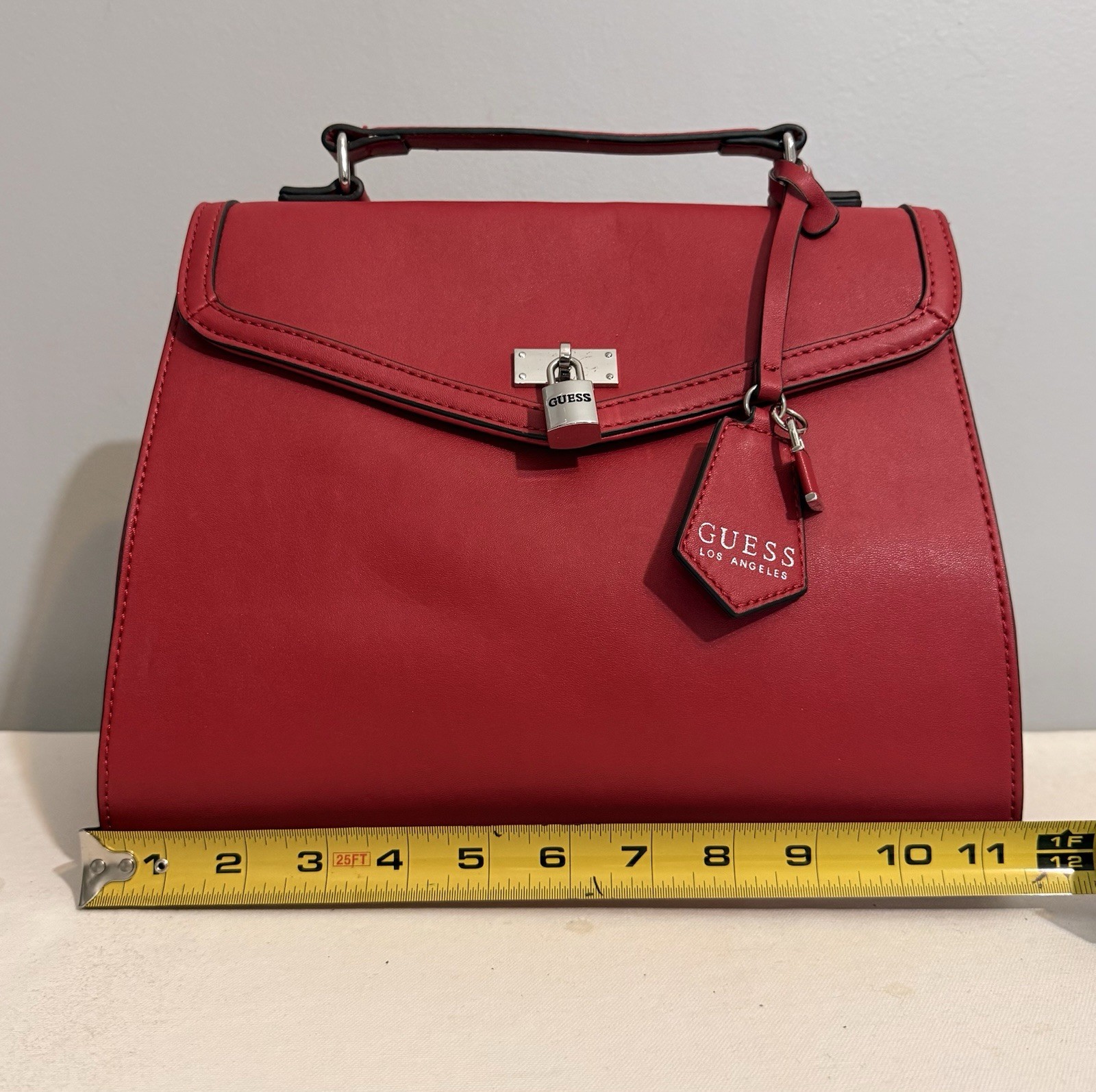 Guess Kravitz Satchel Crossbody Bag Red Faux Leather Top Handle Lock Charm Purse