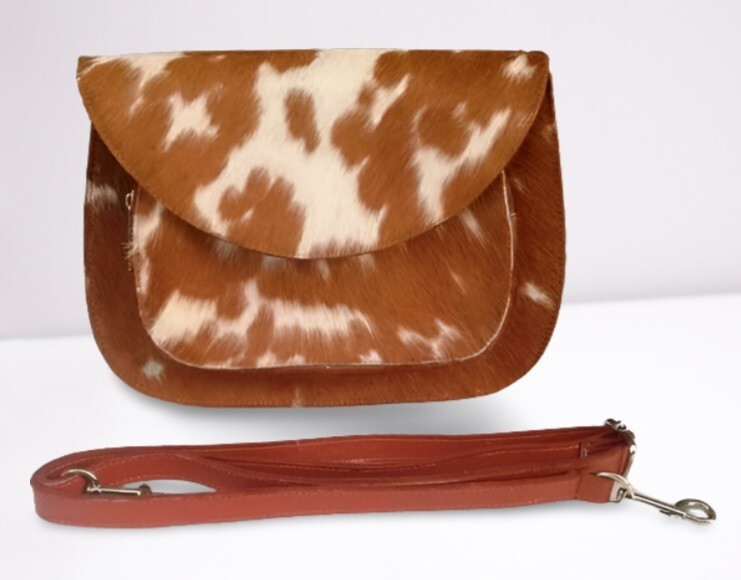 Flap Close Brown & White Cowhide Shoulder Bag D Style Wedding Party Clutch Purse