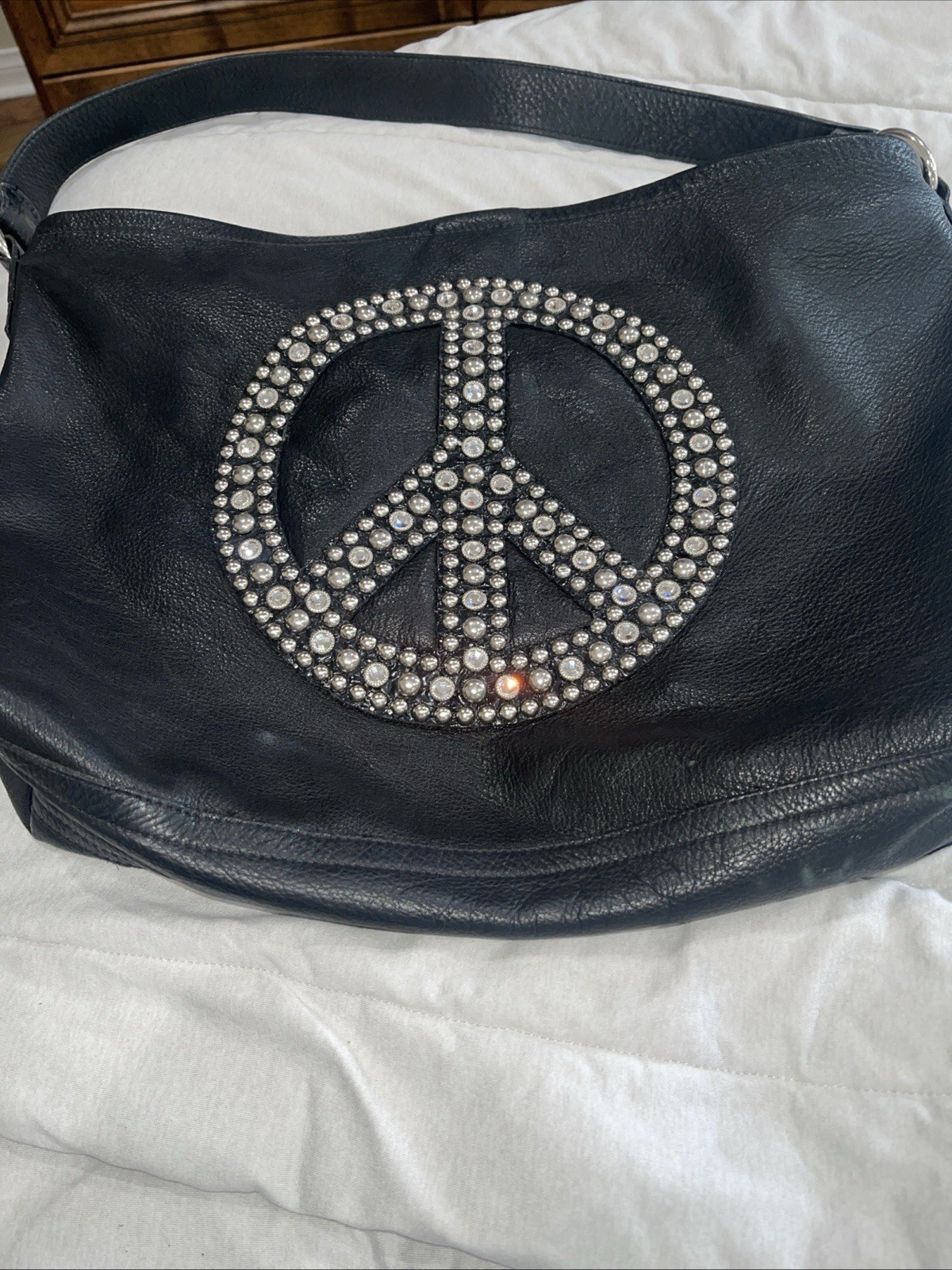 Leatherock Black Shoulder Bag Studded Peace Sign Zip Closure Silver Hardware