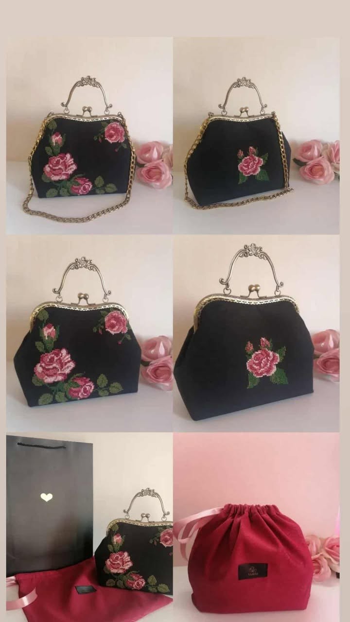 Handmade Embroidered Cross-Stitch Vintage Roses Design Handbag Set–Made to Order
