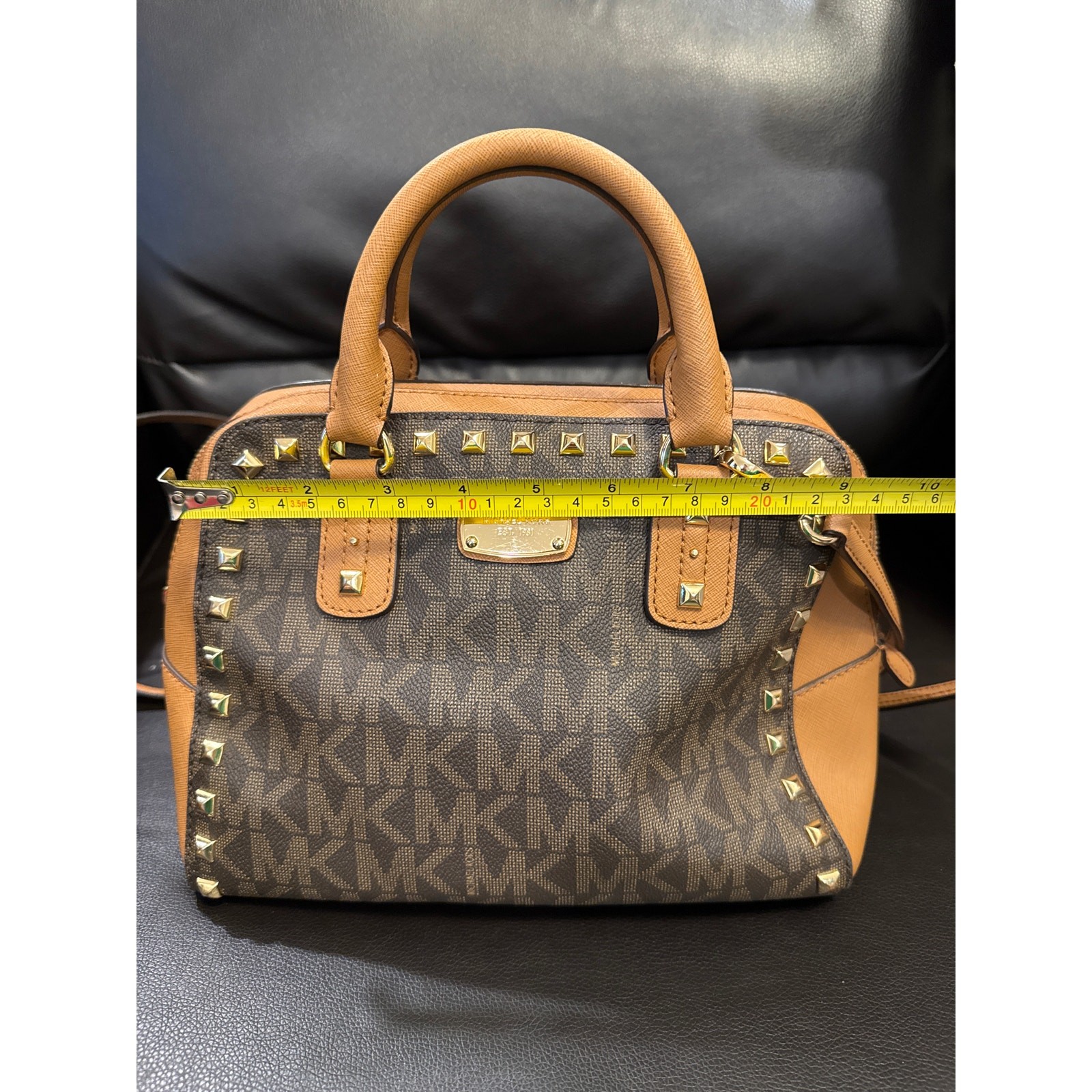Michael Kors Sandrine Studded Small Satchel Crossbody Bag Brown MK Signature