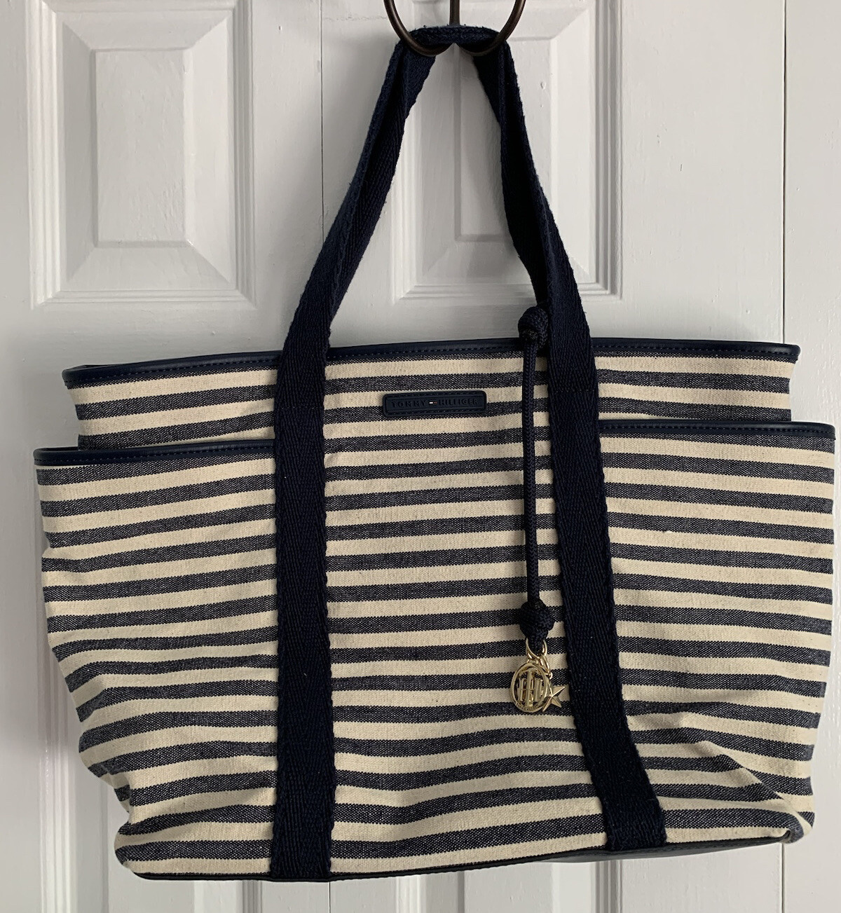 Tommy Hilfiger Striped Tote Bag Navy Ivory Gold LOGO Canvas Pockets Large