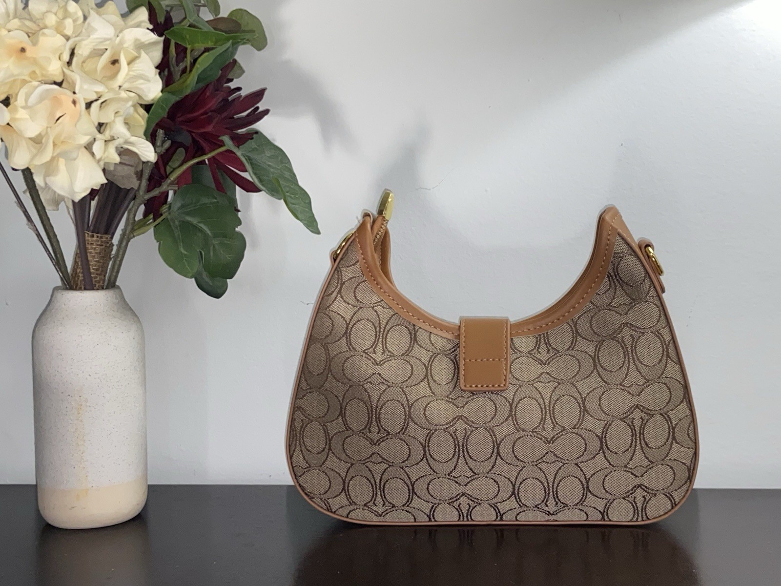 Coach Brown Tan Signature Monogram Crescent Shoulder Bag Gold Hardware Strap