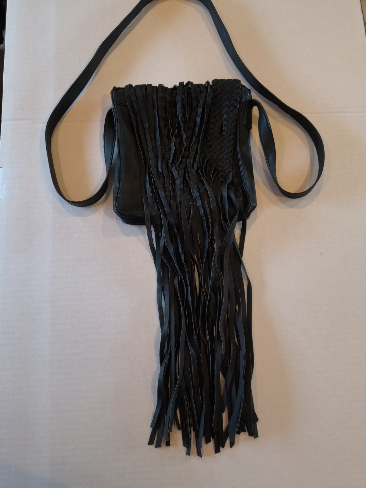 Fringe Black Faux Leather Crossbody Biker Purse No Closure Excellent
