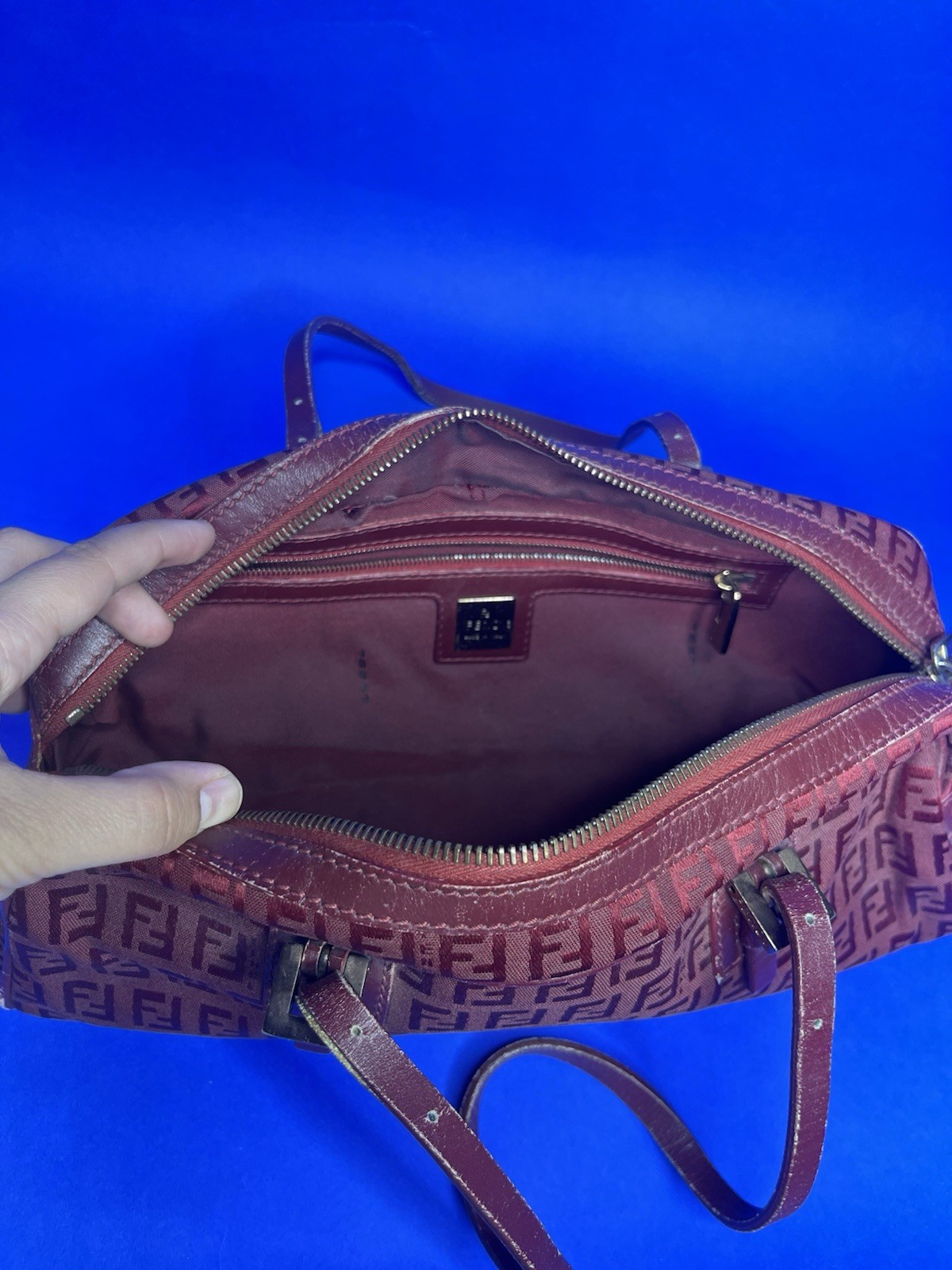 FENDI Burgundy Zucchino Canvas Shoulder Bag Purse Italy