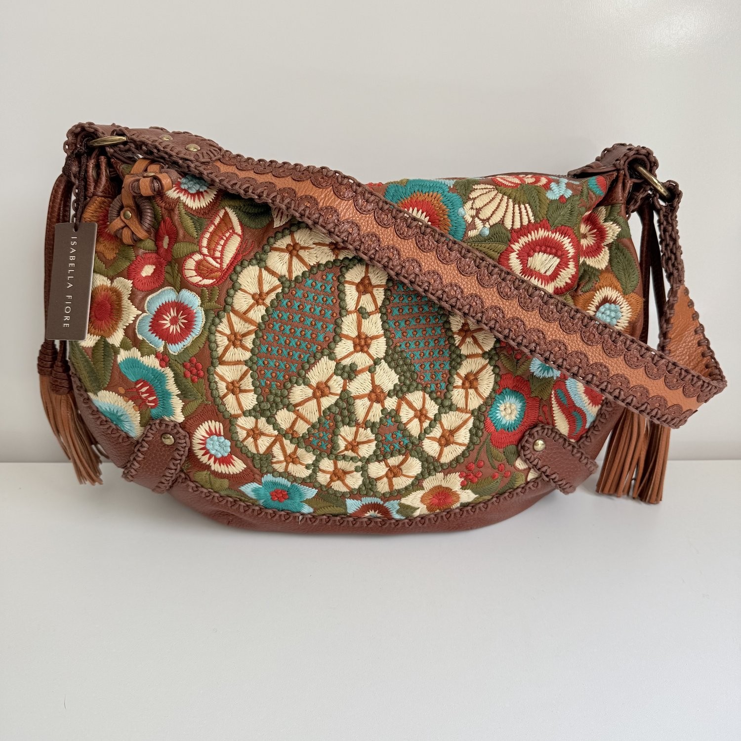 Isabella Fiore Peace Out Nicole Bag Embroidered Leather Hobo Shoulder Bag Brown