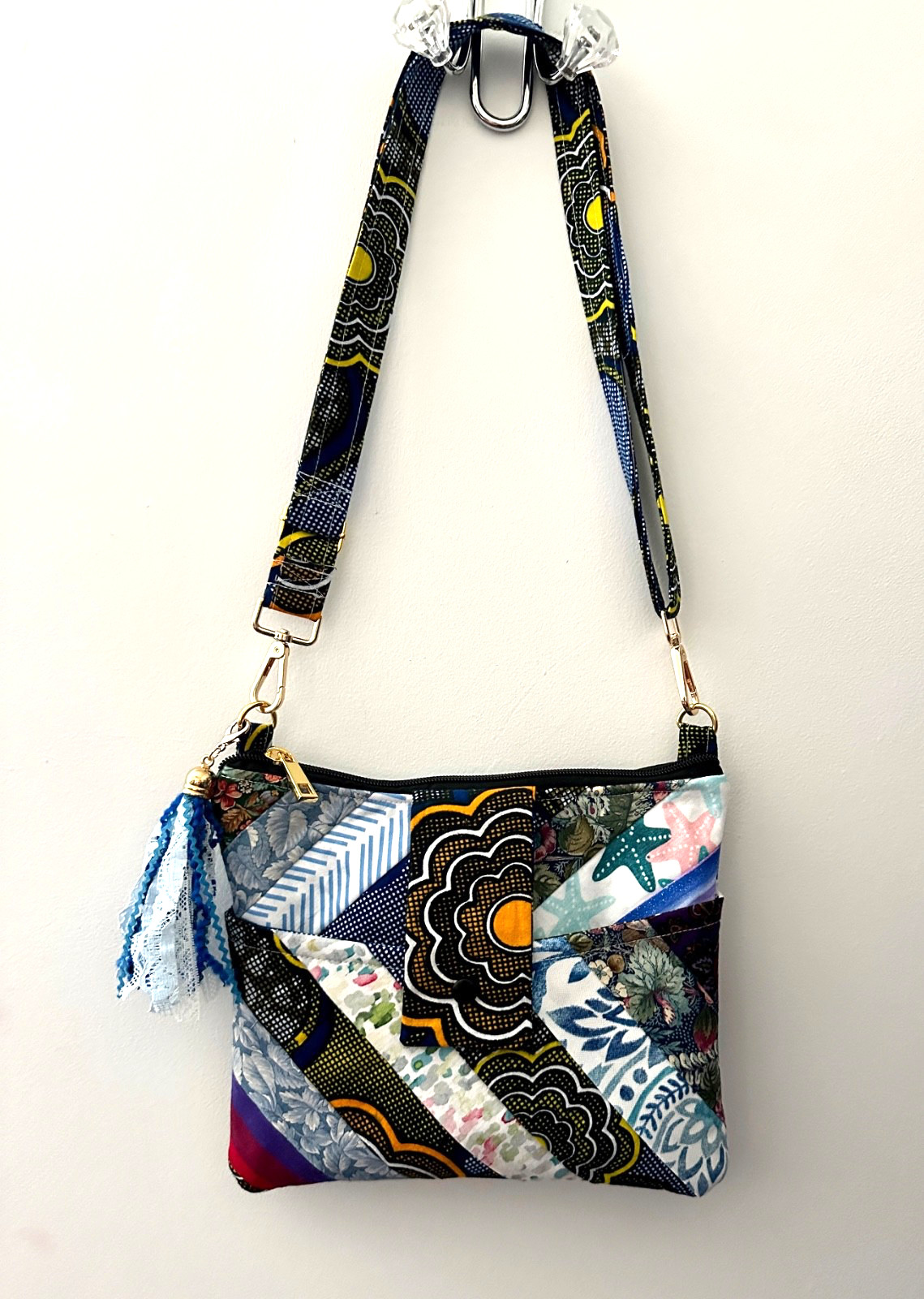 *HANDMADE* Small CROSSBODY bag purse scrappy, patchwork, with tassel