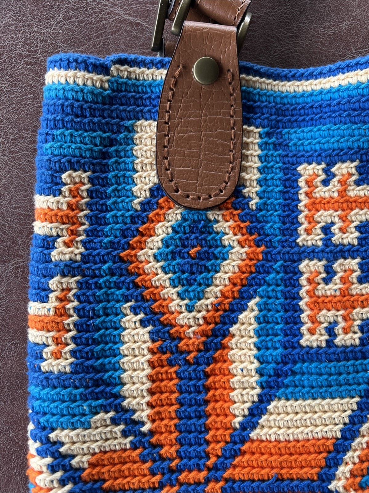 Tapestry Crochet Mochilla Bag Cotton Leather Handles Unlined