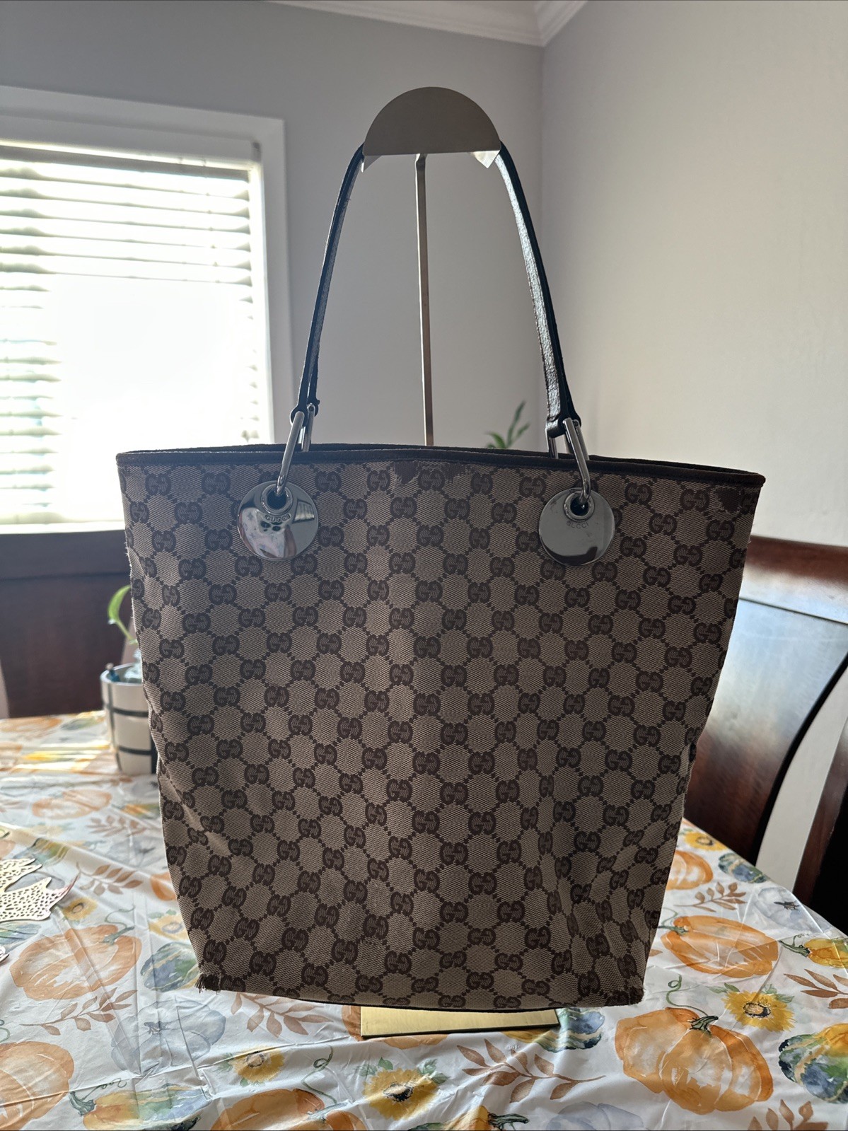 Gucci Vintage Tote Beige with Brown Leather Trim and Handles